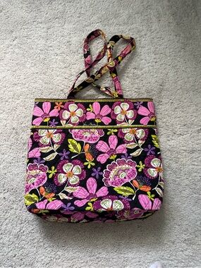 Vera Bradley Black Quilted Tote with Pink Floral Pattern